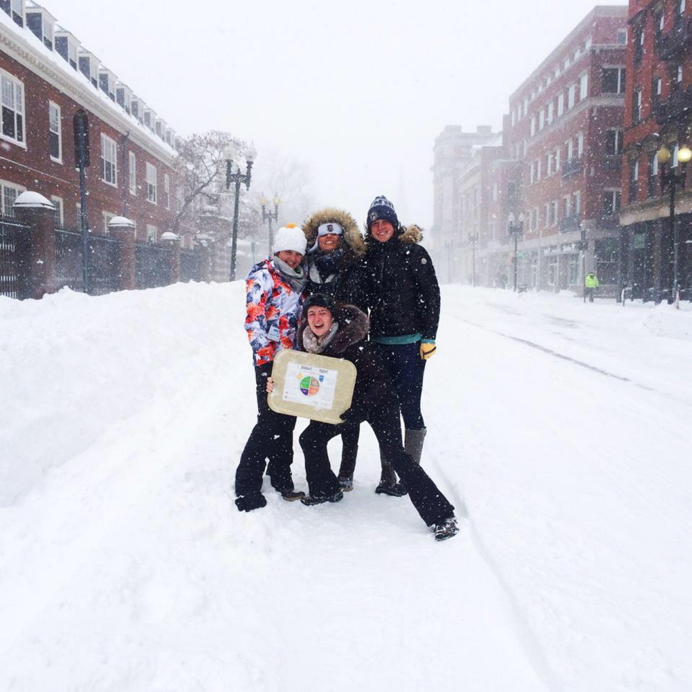 Sarah Finnemore, of Norridgewock, left, and friends make the most of one of the snowstorms to hit the Boston area, including Cambridge, this winter.