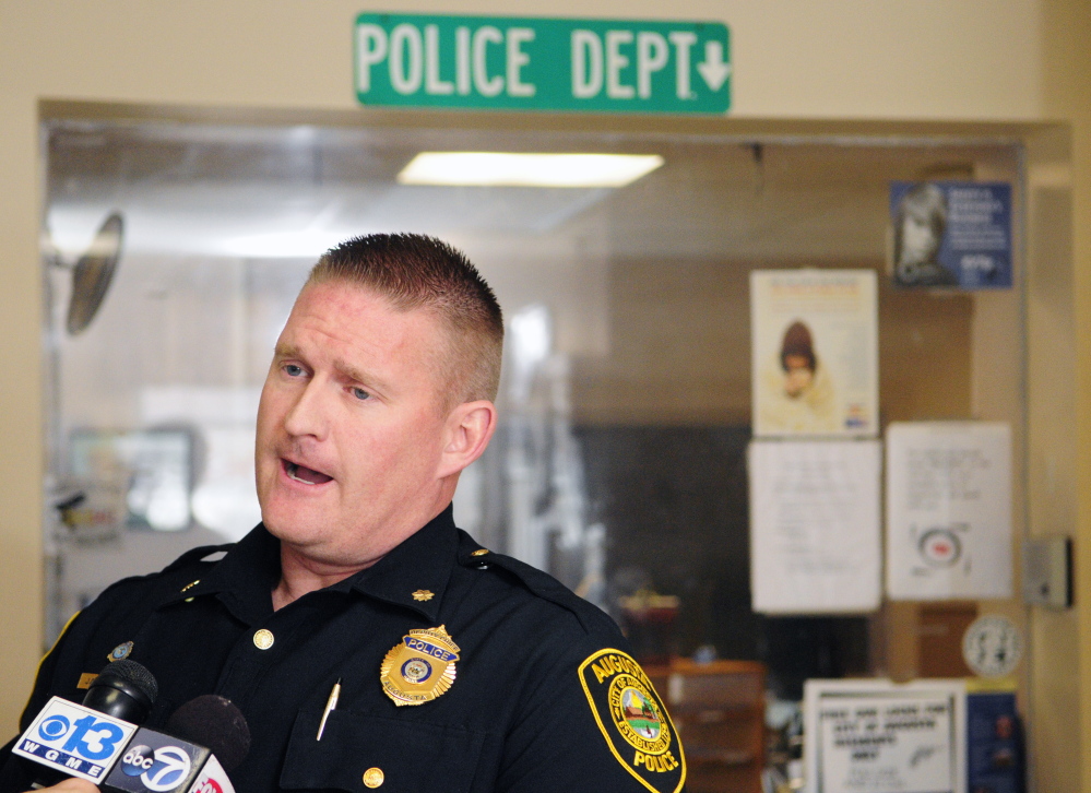 Augusta Deputy Chief Jared Mills, speaking Tuesday during a news conference at Augusta police headquarters on Union Street in Augusta, explains a plan to let people making online sales meet in the Police Department’s lobby to complete such transactions.