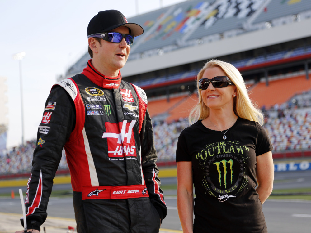 Kurt Busch, left,  has been reinstated by NASCAR and can participate in the Chase for the Sprint Cup championship should he qualify. Busch had been suspended for a possible domestic violence act against former girlfriend Patricia Driscoll, right.