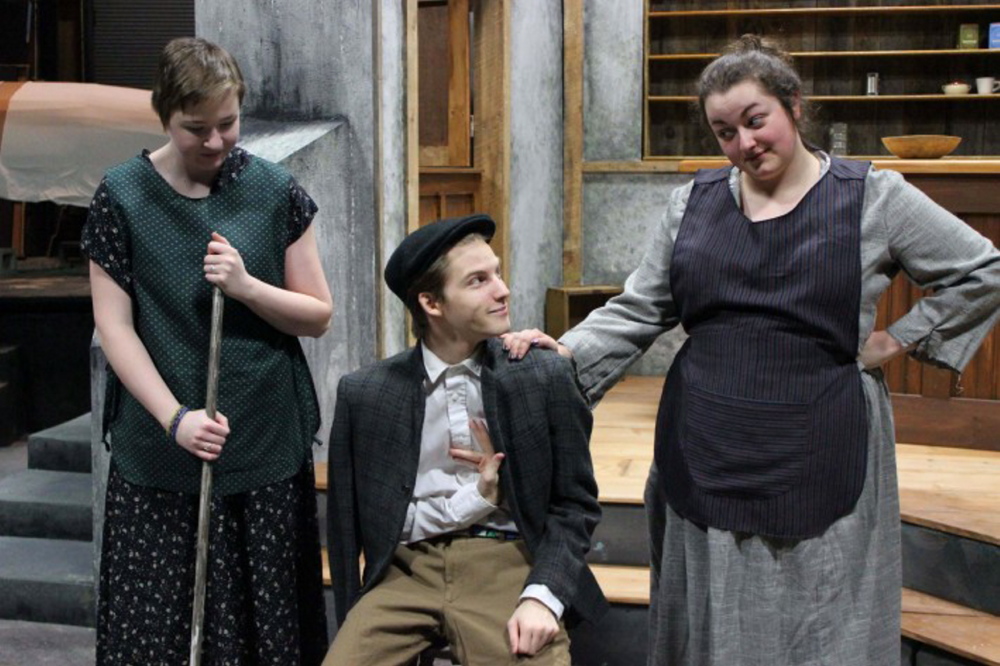 ON STAGE: UMF students, from left, Abigail Lindquist, Aaron Verrill and Shelby Thibodeau bring Martin McDonagh’s “The Cripple of Inishmaan” to life at the University’s Alumni Theater March 19-22.