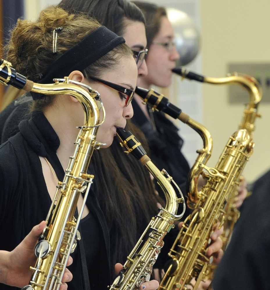 SOUTH PORTLAND, ME - MARCH 14: Ellsworth HS jazz band members including Sydney Hagarman practice before competing at the 2015 MMEA High School Instrumental Music Jazz Festival at South Portland HS. (Photo by John Patriquin/Staff Photographer)