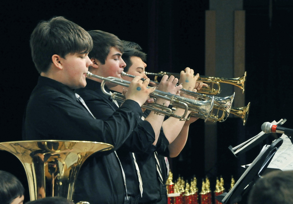 SOUTH PORTLAND, ME - MARCH 14: Members of the the Ellsworth HS jazz band compete at the 2015 MMEA High School Instrumental Music Jazz Festival at South Portland HS. (Photo by John Patriquin/Staff Photographer)