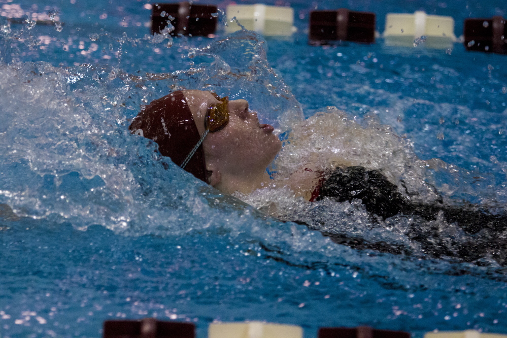 Bates junior Lindsey Prelgovisk competes at a Jan. 5 meet against Middlebury. Prelgovisk will compete in the NCAA Division III national championships this week in Texas. She will swim the 100-yard butterfly and 400 freestyle.