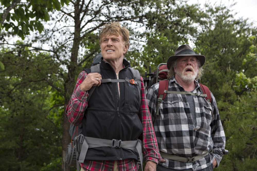 Actors Robert Redford and Nick Nolte in a scene from “A Walk in the Woods,” a film adaptation of a book by travel writer Bill Bryson about an unsuccessful attempt to walk the Appalachian trail to Maine.