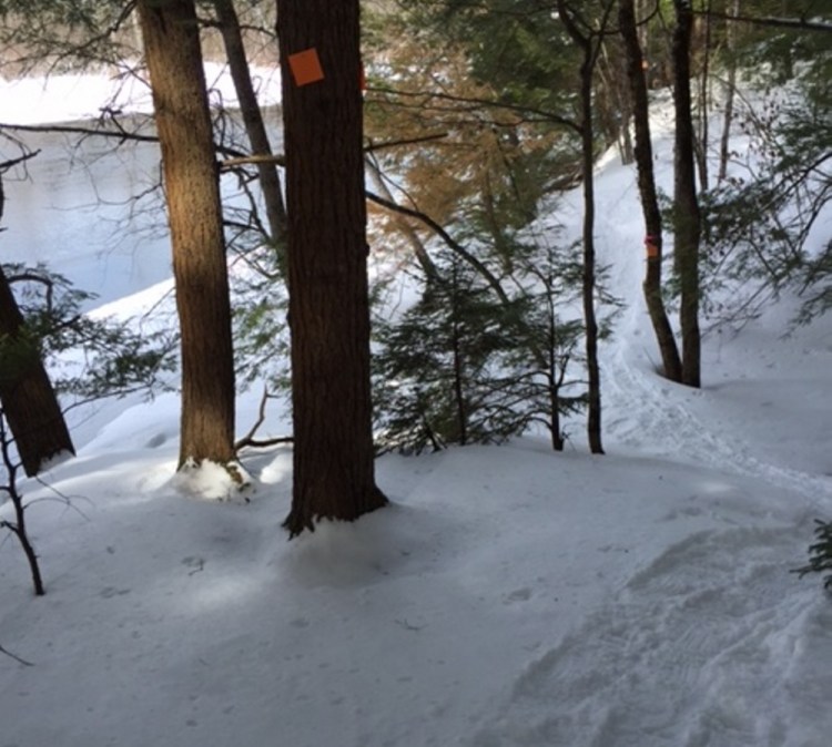 The snowshoe trail along Messalonskee Stream in Waterville’s Quarry Road recreation area is a great place to spend a beautiful later winter or early spring day.