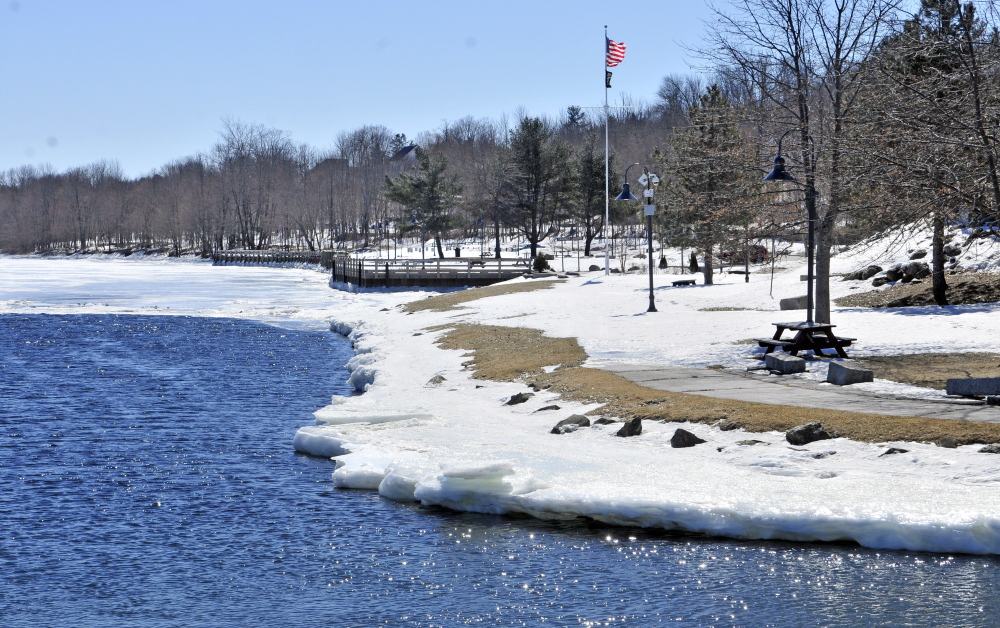 Cobbossee Stream flows into the Kennebec River at Waterfront Park in Gardiner on Thursday, when state and federal officials expressed concern for the possibility of spring flooding.