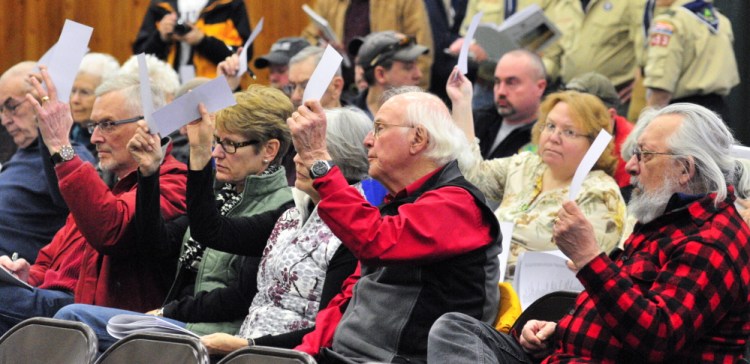 Belgrade citizens hold up paper slips to vote on Saturday in the Town Meeting at the Center For All Seasons in Belgrade.