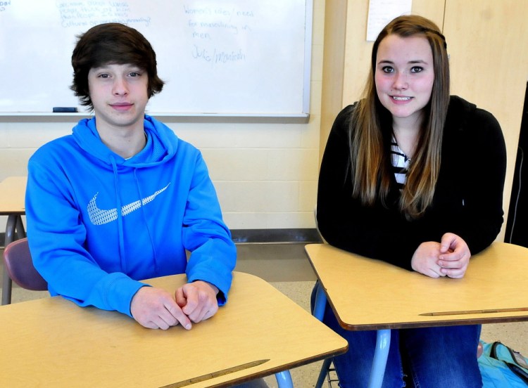 Waterville Senior High School students Noah Perry and Hannah Rumery participate in the Bridge Year Program that allows students to earn college credits at a reduced cost.