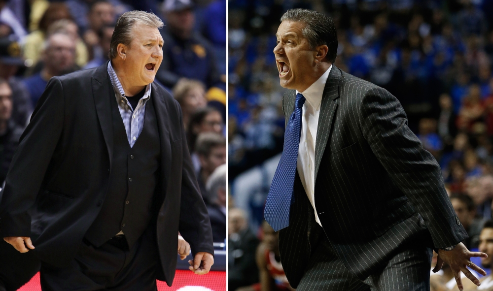 West Virginia head coach Bob Huggins, left, has an 8-2 record all-time against good friend and Kentucky head coach John Calipari, right. Kentucky and West Virginia play Thursday in the regional semifinals of the NCAA men’s basketball tournament in Cleveland.