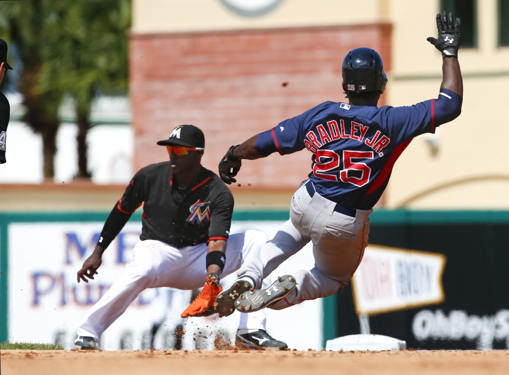 Boston Red Sox outfielder Jackie Bradley Jr. (25) slides before being tagged out at second base by Miami Marlins shortstop Adeiny Hechavarria in the seventh inning Tuesday of a spring training game in Jupiter, Fla. The Marlins won 9-4.