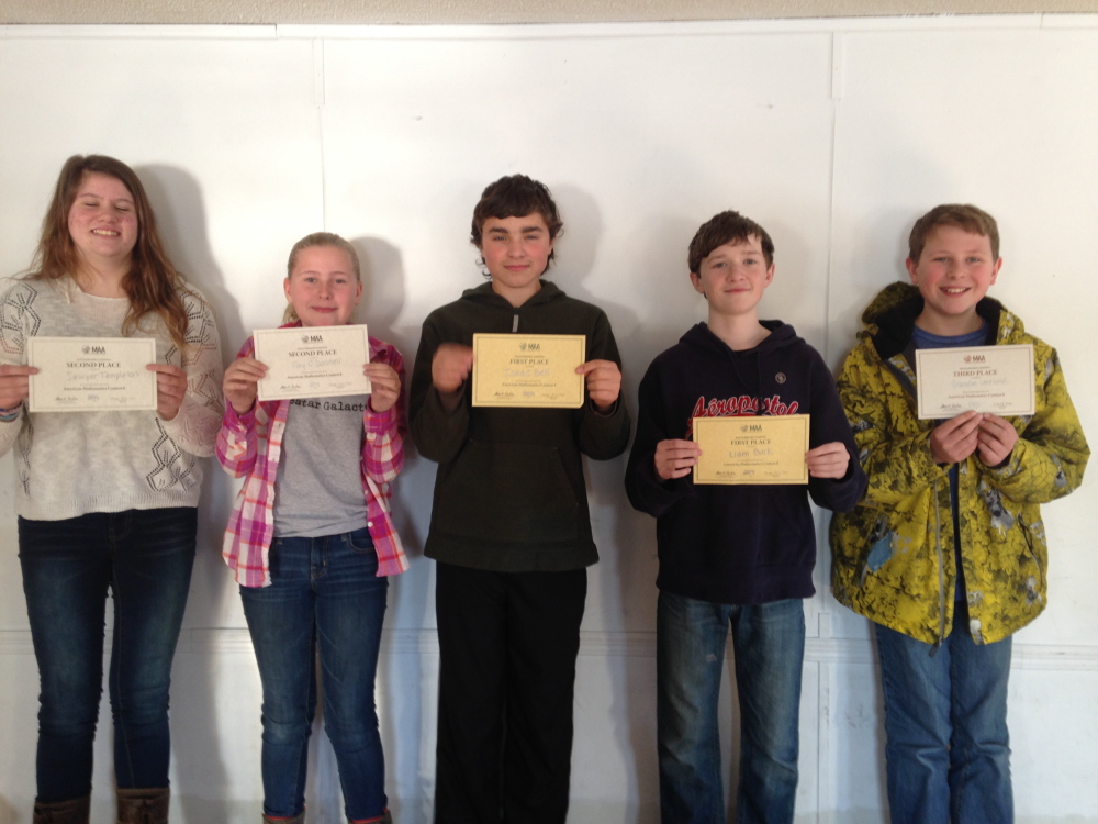 AMC 8 Competition, from left, are Sawyer Templeton, second place; Fay O’Donnell, second; Isaac Bell, first; Liam Buck, first; and Brandon Loveland, third.