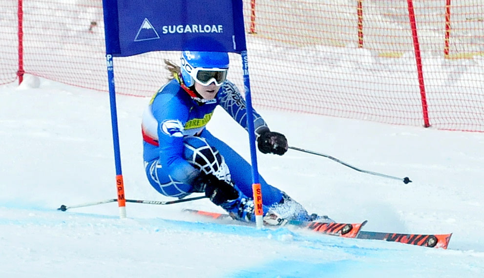Colby College’s Jeanne Barthold passes a gate during the giant slalom race at the U.S. Alpine Championships on Thursday at Sugarloaf Mountain.