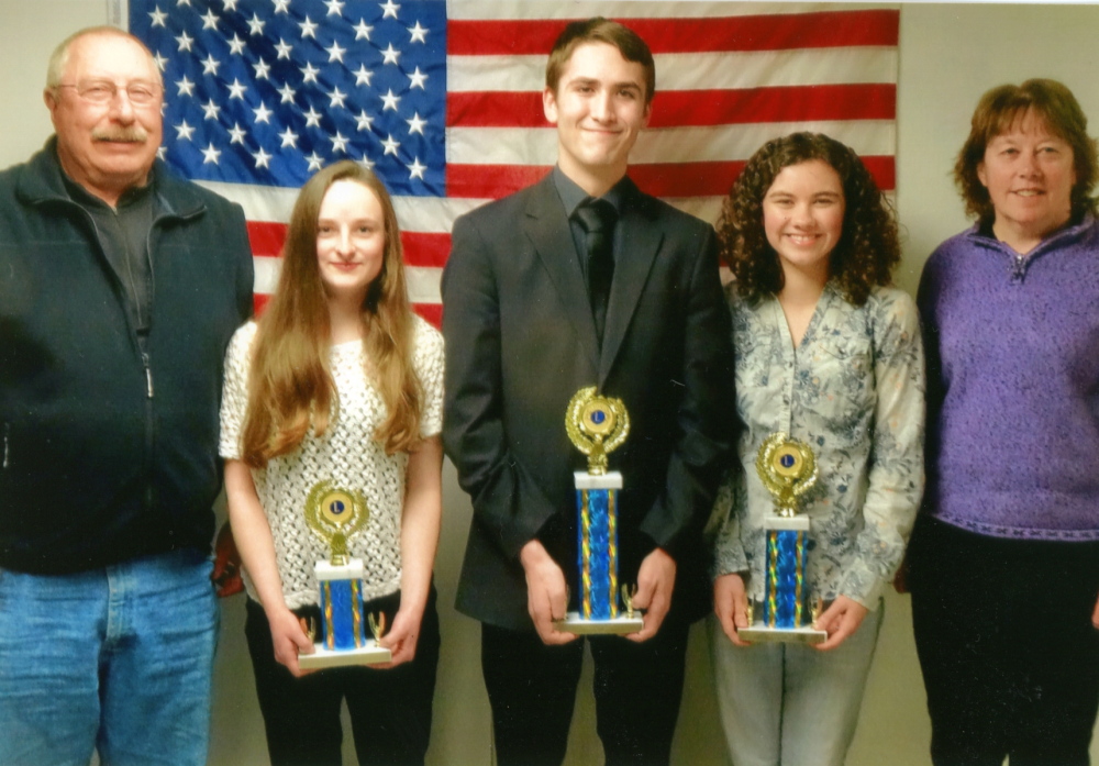 Monmouth Lions Club recently held its 2015 Speak-Out event. From left, are Coach Scott Foyt, third-place winner Jordyn Mann, first-place winner Angus Koller, second-place winner Kim Lewis and Coach Cathy Foyt.