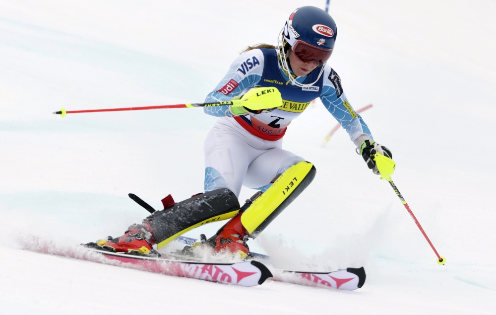 Mikaela Shiffrin carves a turn during her first run of the women’s slalom skiing race at the U.S. Alpine Ski Championship in Carrabassett Valley on Saturday. Shiffrin won the event.