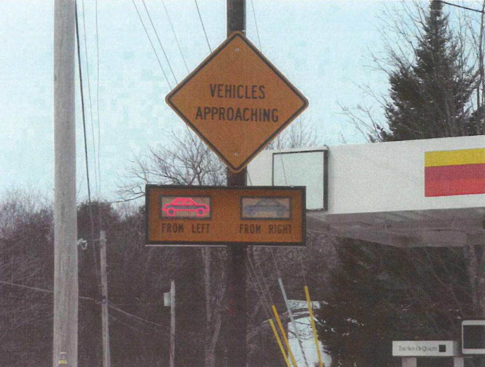 An example of an intersection conflict warning system, a type of traffic signal that may be installed at a dangerous intersection on state Route 148 in Madison to give motorists warning that a car is approaching from another direction before it can be seen.