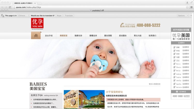 This is a computer screen image of a website that advertises the services of a U.S. company that caters to women from China who want to give birth in the United States.