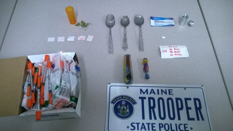 Police say they seized what they believe is heroin and other drugs and paraphernalia from Gregory Strout of Cornville after a traffic stop Monday. Courtesy Maine State Police