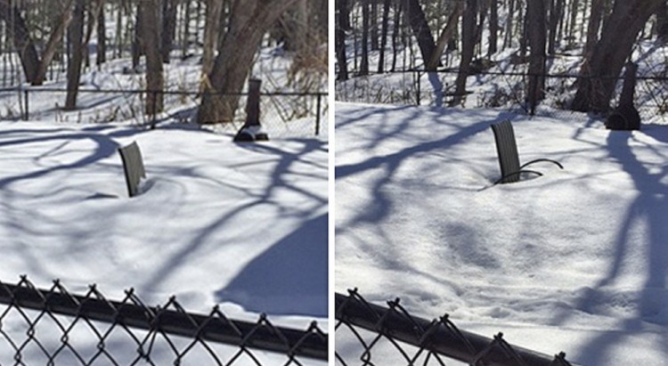 How do we know spring is coming? The backyard chair test. Left photo was taken March 22, the second day of spring. Right photo was taken Wednesday. The chair is emerging and maybe by June it will be ready to sit in. Number 8 on the list of Top 10 Ways We Know Spring is Coming.
