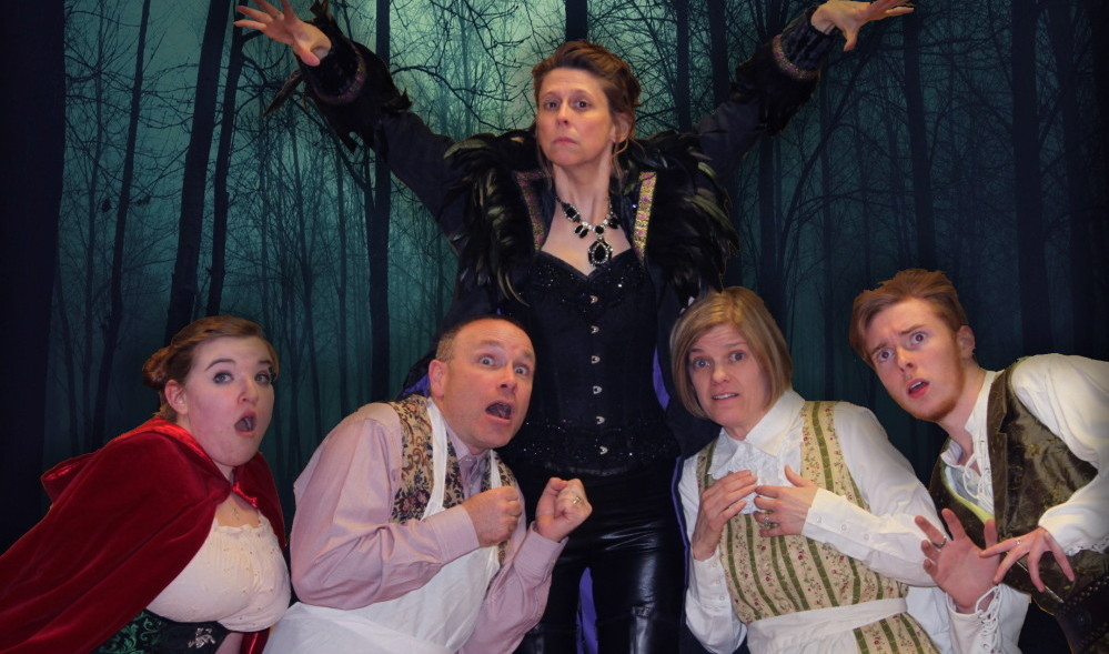 Contributed photoCast members rehearsing for “Into the Woods”. From left are Mikayla Burridge, Little Red Riding Hood; Dan Neal, baker; Lisa Neal, witch; Valerie Glueck, Baker’s wife and Randy Rodrique, Jack (of Bean Stalk fame). Into the Woods is scheduled for weekends April 10-19 at the Waterville Opera House.