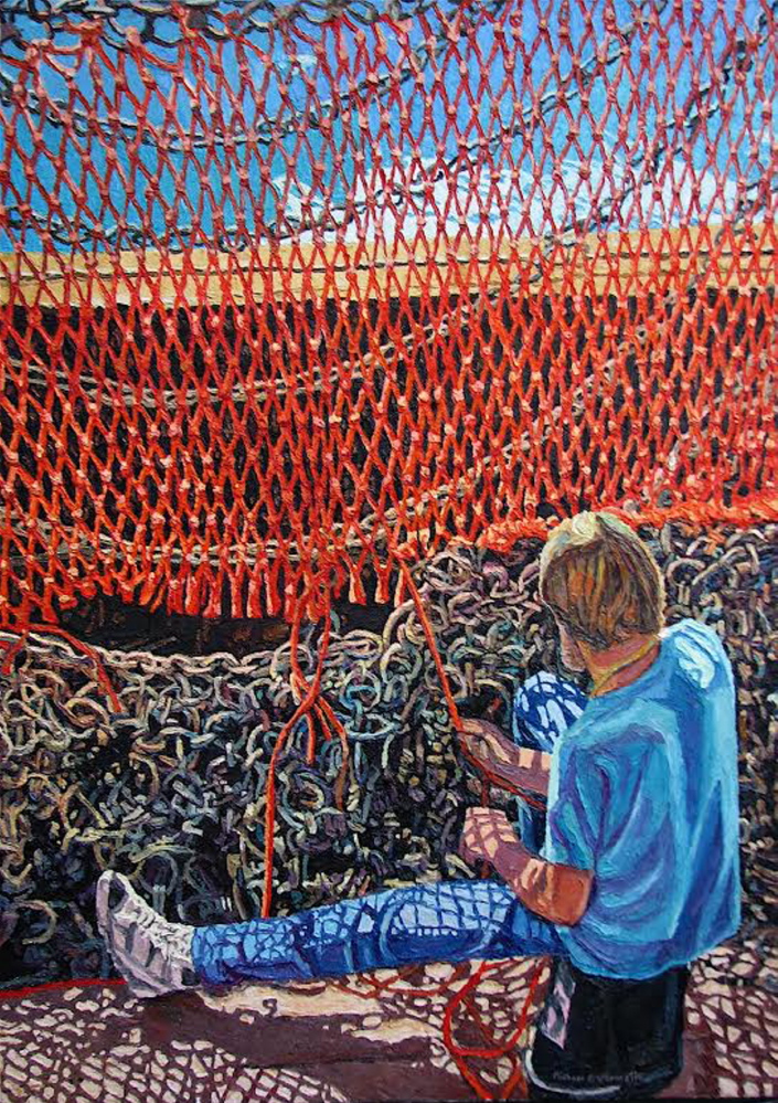 “Tom French Mending the Trawler Net” Oil, by Michael Vermette