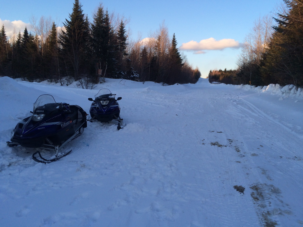 Scene of snowmobile accident on Sunday in Thorndike Township, northeast of Jackman, in which a woman’s snowmobile crashed into a machine operated by her husband. The woman was airlifted for emergency treatment, but was reported in good condition on Monday.