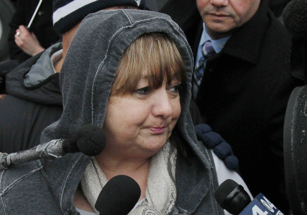 Liz Norden, whose two sons lost legs in the Boston Marathon bombing, speaks outside federal court in Boston on Wednesday after Dzhokhar Tsarnaev was convicted on all charges in the 2013 bombing. “I don’t understand how anyone could have done what he did,” said Norden, who wants Tsarnaev to get the death penalty.