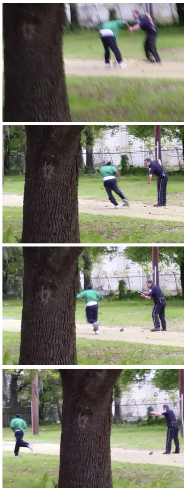 In this combination of images from a video taken Saturday and provided by the attorney representing the family of Walter Lamer Scott, Scott appears to break away from a confrontation with Officer Michael Thomas Slager, right. As Scott runs away, Slager pulls out his handgun and fires at Scott, who drops to the ground after the eighth shot. Slager was fired and charged with murder after the release of the video.