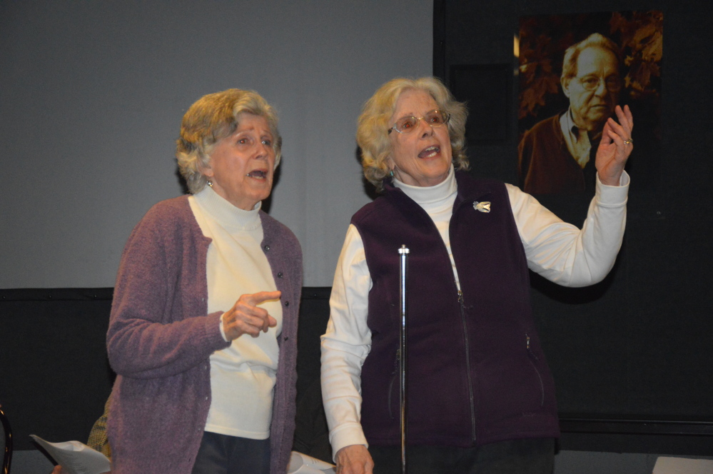 Marilyn Canavan, left, of Waterville, a former state legislator, and Pat Onion, a former Colby College professor, rehearse for a Friday night performance of Radio Daze Redux at the Aqua City Actors Theatre on Main Street in Waterville.