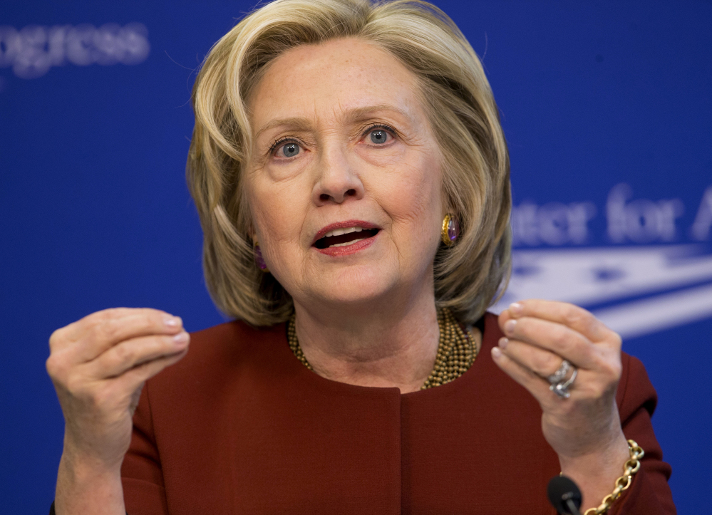 In this March 23, 2015 file photo, former Secretary of State Hillary Rodham Clinton speaks in Washington.