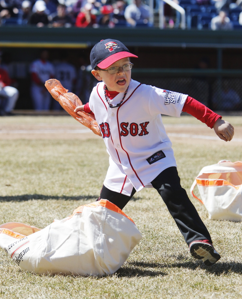 Baseball is back and so is the between-innings fun, which Derrik Trybus, 5, of Norway got to take part in Sunday during the Sea Dogs’ loss to the Fightin Phils in Portland.