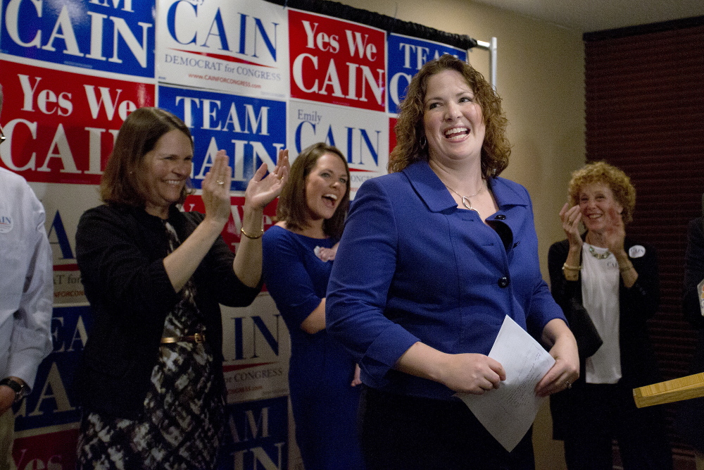 Democratic candidate for the 2nd Congressional District Emily Cain waits for results from the primary election in 2014.