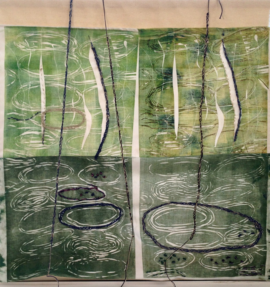 Katherine H. Harding: Baffle Green Pond. Painted, stitched cotton.