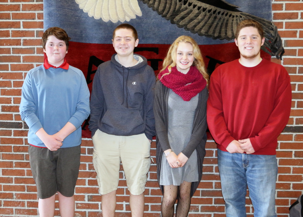 OAKLAND — Messalonskee High School has announced its April Students of the Month. They are Max Walsh, freshman; Andrew Poulliot, sophomore; Emily Lagace, juniors; and Spencer DeWitt , senior. These students were chosen for their academic improvement/excellence and their contribution to the Messalonskee school community, according to a news release from the high school. The students were nominated by MHS faculty members and chosen by the school’s Culture Committee and Leadership Team. The students’ pictures will be on display. In addition, they will receive preferential parking at the school as well as a variety of items donated by local businesses that support Messalonskee’s goal of honoring excellence in the school. From left, are Max Walsh, Andrew Poulliot, Emily Lagace and Spencer DeWitt.