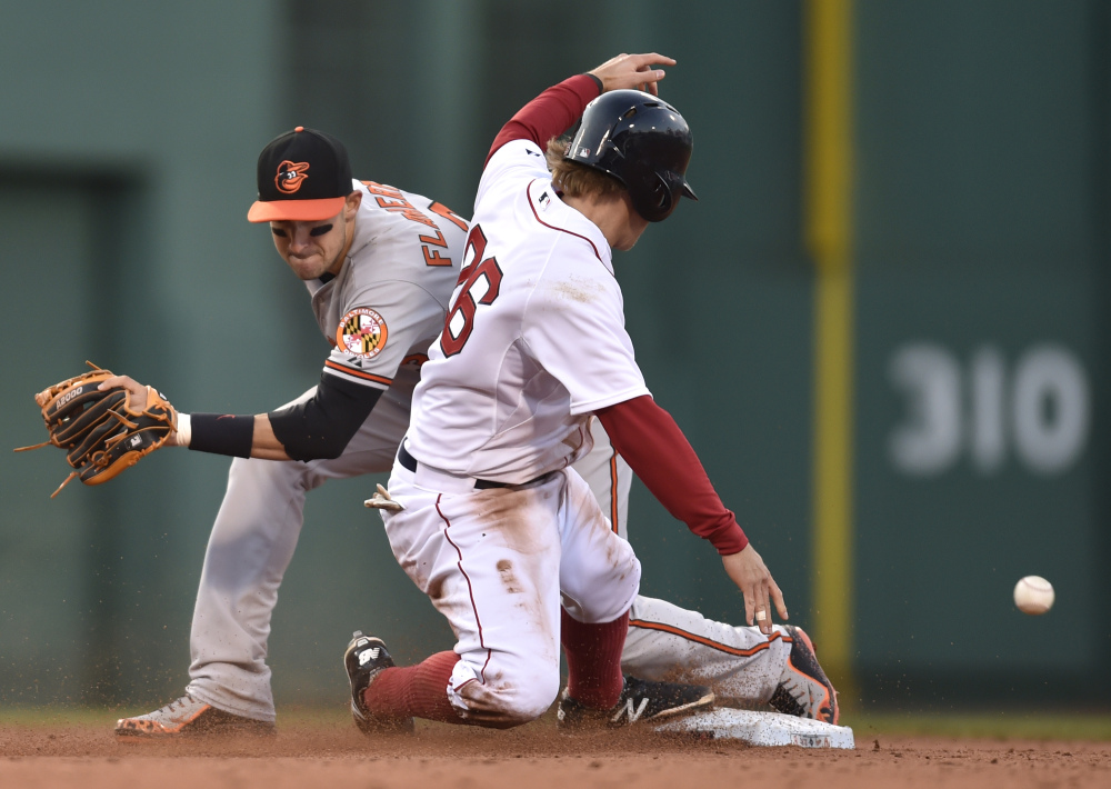 Boston Red Sox’s Brock Holt, right, steals second as the ball gets past Baltimore Orioles second baseman and Portland native Ryan Flaherty, left, in the seventh inning Saturday at Fenway Park. Baltimore won 4-1.