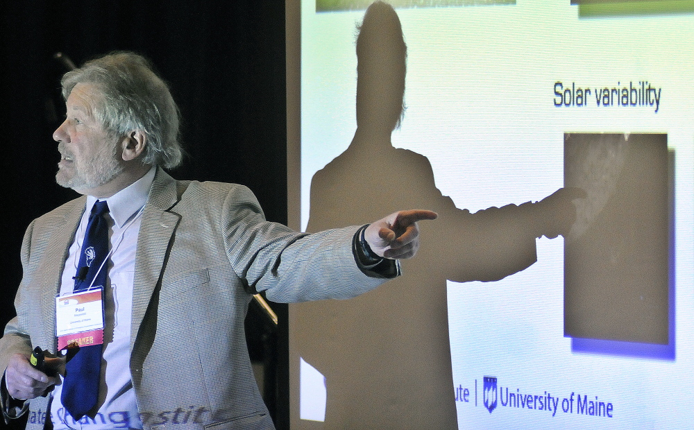 Paul Andrew Mayewski, director of the Climate Change Institute at the University of Maine, presents the keynote address Tuesday at the seventh annual Maine Partners in Emergency Preparedness Conference in Augusta. Mayewski spoke on a “Journey into Climate and Implications for Maine.”