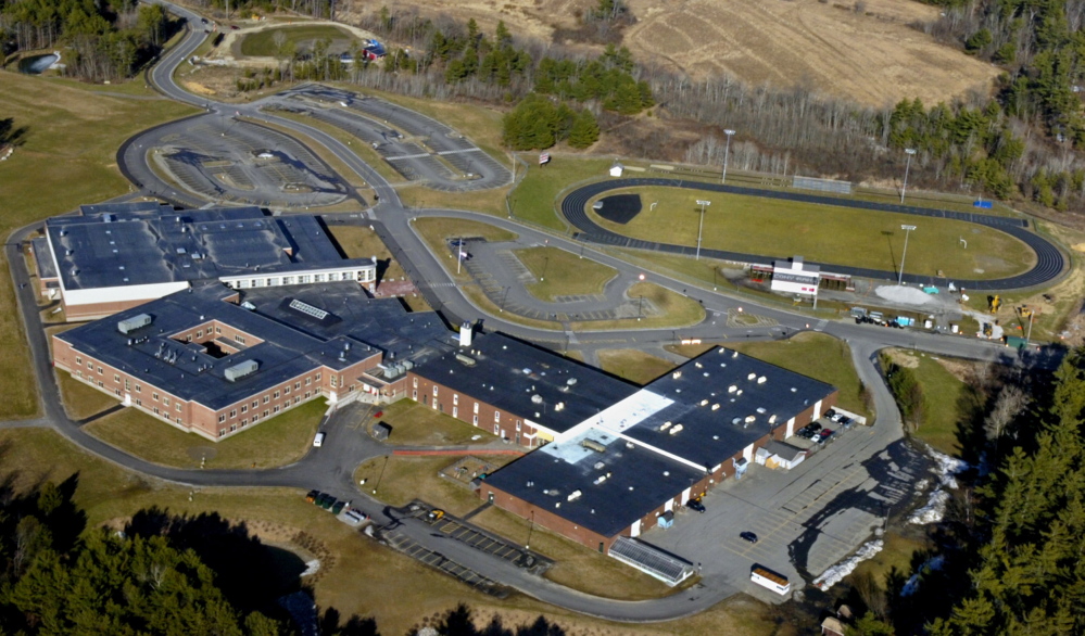 This April 2007 file photo shows Cony High School and the Capital Area Technical Center in Augusta. Alumni Field is at the top right. The Elsie and William Viles Foundation is donating $250,000 to improve Alumni Field.