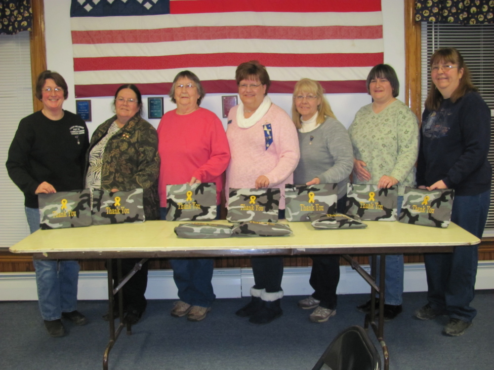Madison American Legion Auxiliary recently prepared and sent thank-you care packages to active duty American Legion members. Auxiliary members who participated included, from left, Harriet Bryant, Kathleen Randall, Lauraine Mercier, Robin Turek, Sandy Ingalls, Tena Ireland and Pat Santoni. Each gift was put in a camouflage zippered bag with the words Thank You embroidered on it. The 31 bags were purchased through American Legion Auxiliary member Sharelyn Parker. They were filled with items such as toiletries and fun stuff. The packages were mailed to the 10 members of the American Legion Post 39, Madison, who are on active duty in the military (stateside and abroad), according to a news release from the auxiliary. For more information about the auxiliary, visit <a href="ALAforVeterans.org">ALAforVeterans.org</a> or <a href="mainelegionpost39.org">mainelegionpost39.org</a>.
