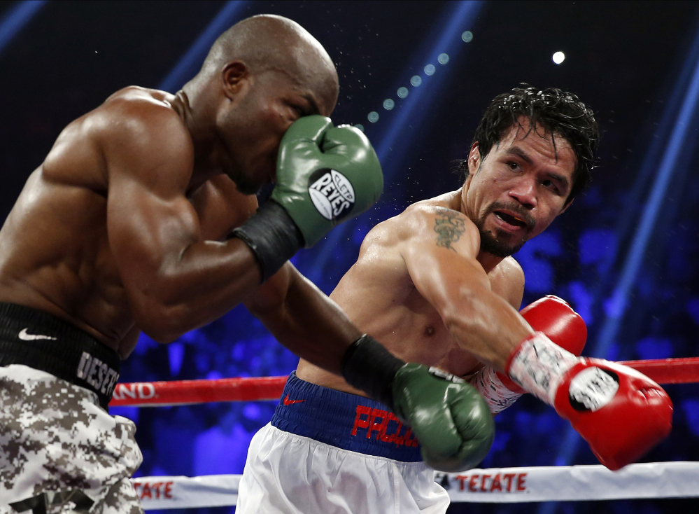 Manny Pacquiao, right, has not had a knockout in six years. It’s been eight years for Floyd Mayweather, Jr. Their fight May 2 in Las Vegas is not expected to end with a TKO.