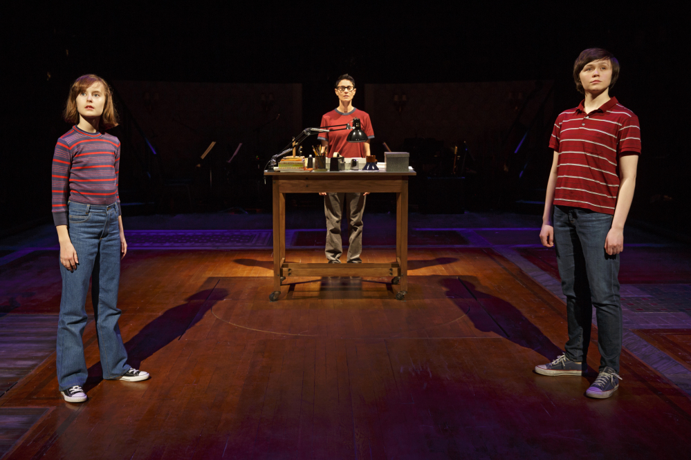This photo provided by O&M Co shows Sydney Lucas as Small Alison, Beth Malone as Alison, and Emily Skeggs as Medium Alison in “Fun Home” at Circle in the Square Theatre in New York.