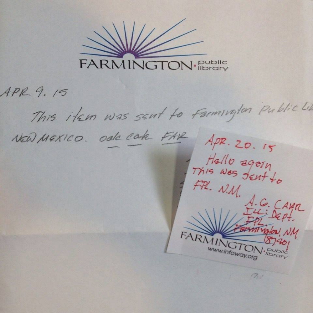 The Farmington Public Library in New Mexico was accidentally sent books — twice — meant for Farmington Public Library in Maine, so the New Mexico library sent them on to Maine with the notes shown here.