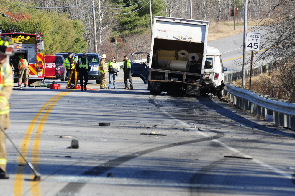 Emergency crews work at the scene of a collision between a conversion van and a panel truck near the intersection of U.S. Route 202 and Royal Street in Winthrop in November 2013. The crash killed Napoleon Richard St. Laurent, 80, and Patricia St. Laurent, 74.