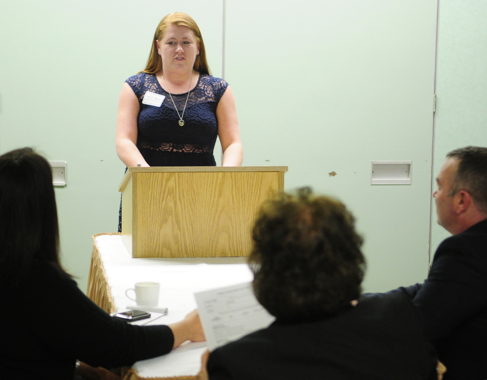 Gardiner Area High School student Ashley Weeks competes in the public speaking event during the Jobs for Maine’s Graduates event on Wednesday at the Augusta Civic Center.
