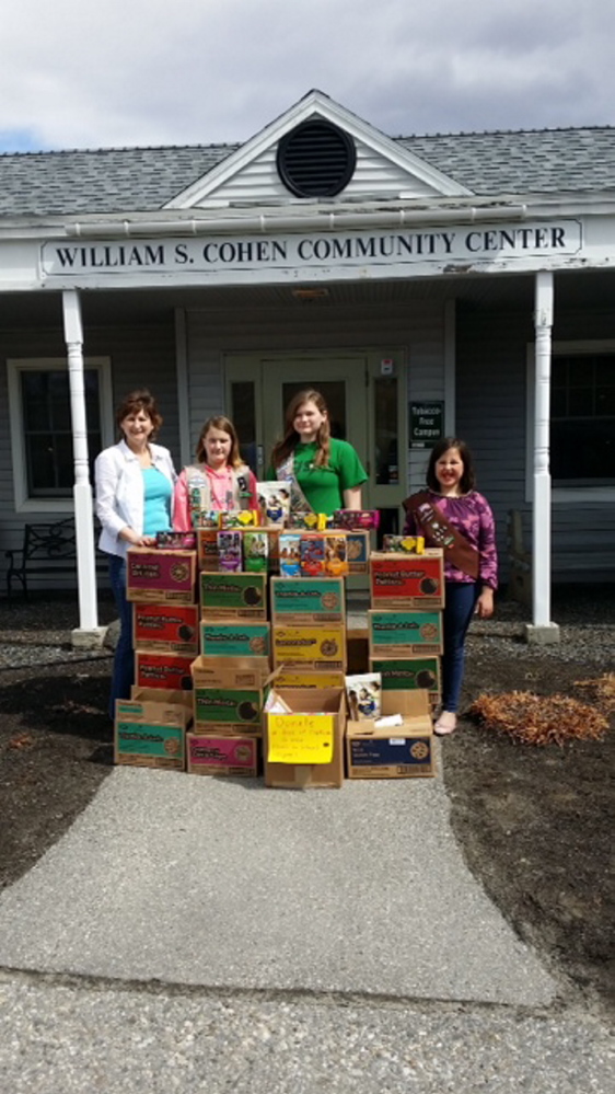 The Cobbossee Service Unit 626 Girls Scouts donated 224 boxes of Girl Scout cookies April 17 to Spectrum Generations Cohen Community Center’s Nutrition Program. “The Scouts wanted to do something for our seniors, so the girls decided to ‘gift’ cookies to our homebound neighbors as a special treat,” Sandy Moody, Troop leader, said in a news release from the center. From left, are, Lynda Johnson, nutrition coordinator, and Girl Scouts Brailey Burden, Shelby Berlew and Georgiana Davis.