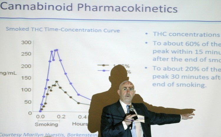 Toxicologist Barry Logan, vice president of Forensic Science Initiatives and chief of forensic toxicology at NMS Labs, speaks Thursday about marijuana impairment at the Maine Impaired Driving Summit in Augusta.