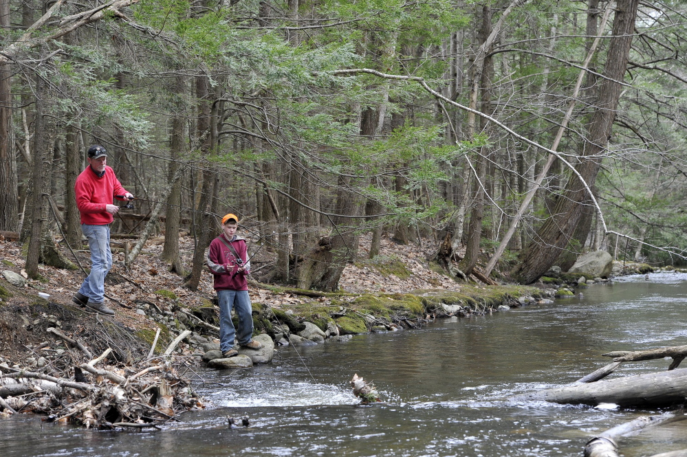 Westbrook resident Jim Vacchiano and his grandson Chance Vacchiano of Rumford fish for brook trout in Milliken Brook in Westbrook in April 2014. A Maine group is asking anglers to help identify the habitats of the state’s wild brook trout.