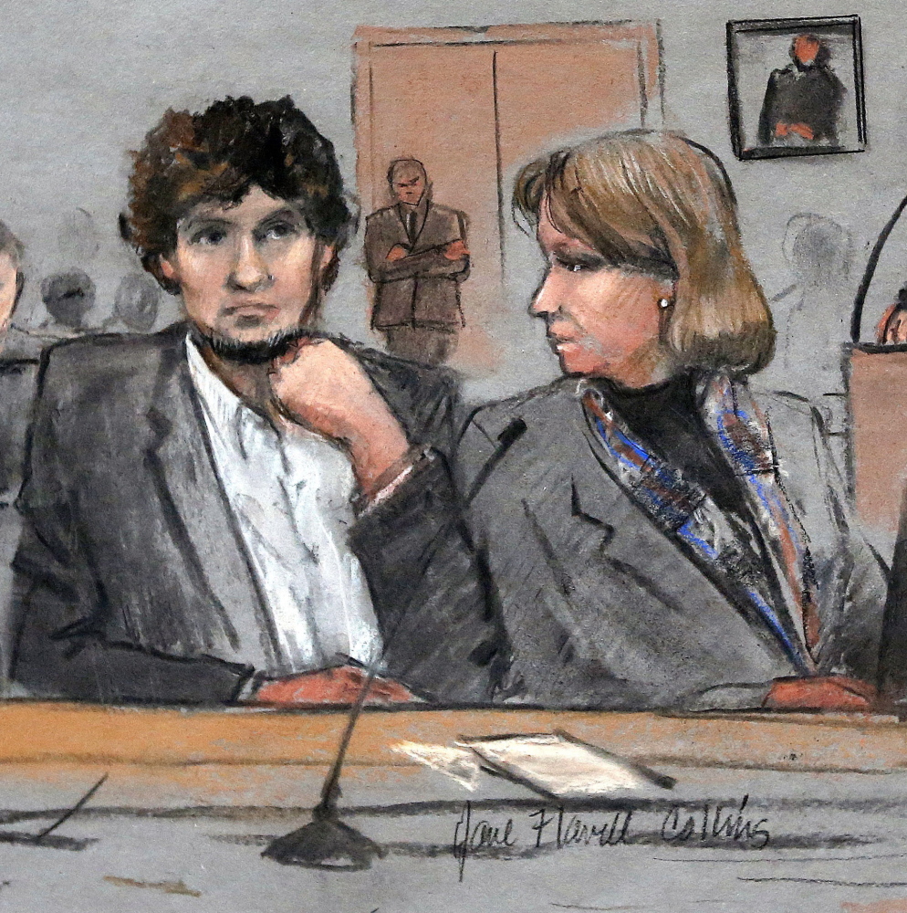 Attorney Judy Clarke’s challenge is to present Dzhokhar Tsarnaev, at left in this courtroom sketch, as a human being, albeit one struggling with serious problems.