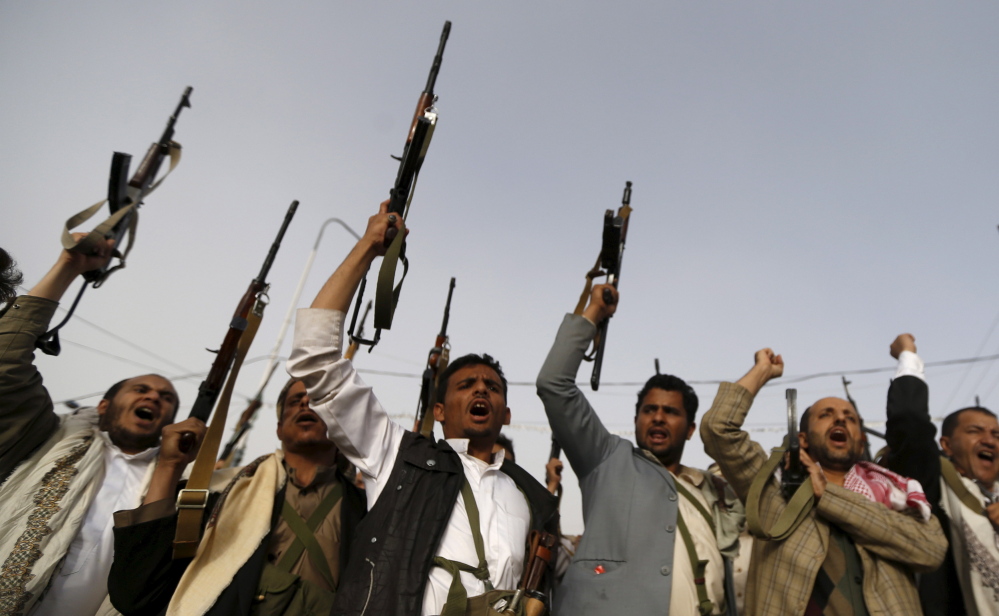 Houthi rebels raise weapons as they shout slogans against the Saudi-led airstrikes in Sanaa. The rebels have detained more than 120 activists and political figures suspected of supporting the Saudi-led coalition in its strikes against the insurgents.