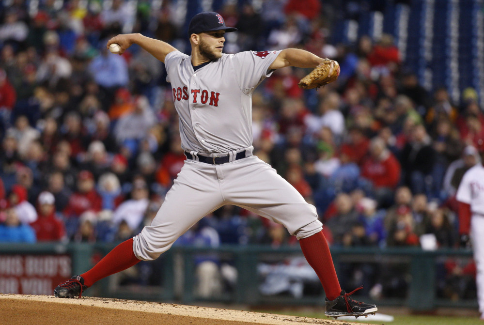 Red Sox starting pitcher Justin Masterson throws a pitch in the first inning of Boston’s win Thursday night against the Philadelphia Phillies. 