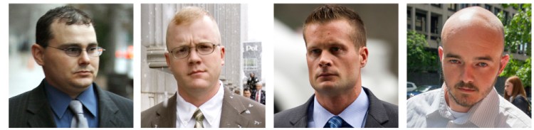 Former Blackwater security guards, from left, Dustin Heard, Paul Slough, Evan Liberty and Nicholas Slatten face sentencing this week after being convicted of a deadly mass shooting of civilians in an Iraq war zone.
