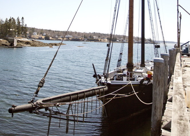 The schooner Ernestina-Morrissey is seen at the Boothbay Harbor Shipyard on Monday, after it was towed from New Bedford, Mass.